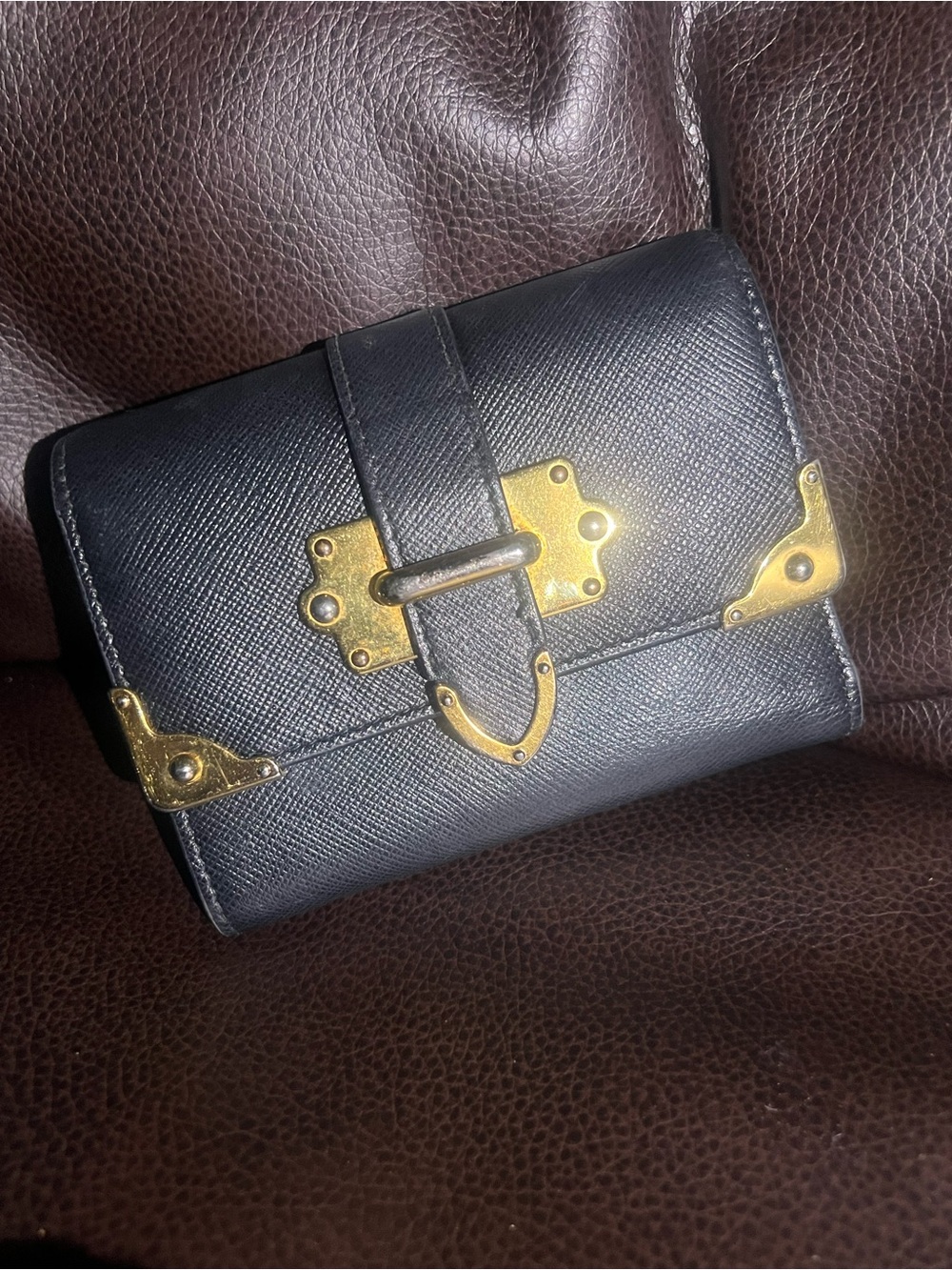 Prada Black Cahier Saffiano Leather Compact Wallet with Gold Logo Trifold